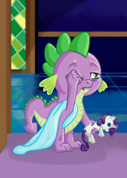 Size: 1000x1402 | Tagged: safe, artist:ambergerr, imported from derpibooru, rarity, spike, dragon, plushie