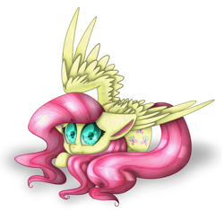 Size: 1468x1378 | Tagged: safe, artist:skashigame, imported from derpibooru, fluttershy, female, floppy ears, looking at you, nervous, prone, simple background, solo, spread wings, white background