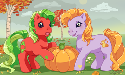 Size: 854x512 | Tagged: safe, artist:conphettey, imported from derpibooru, applejack, applejack (g3), autumn crisp, autumn, cottagecore, g3, leaves, mushroom, pumpkin