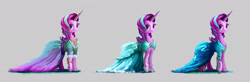 Size: 3014x983 | Tagged: safe, artist:plainoasis, imported from derpibooru, starlight glimmer, pony, unicorn, bracelet, clothes, dress, female, gray background, horn, jewelry, multiple variants, necklace, shoes, simple background, solo