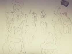 Size: 4032x3024 | Tagged: safe, artist:straightgrinza, imported from derpibooru, chancellor puddinghead, clover the clever, commander hurricane, princess celestia, princess luna, princess platinum, private pansy, smart cookie, absurd resolution, monochrome, traditional art, younger