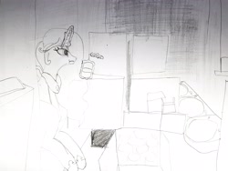 Size: 4032x3024 | Tagged: safe, artist:straightgrinza, imported from derpibooru, princess celestia, alicorn, pony, :t, absurd resolution, baked beans, beans, bored, eating, female, food, grayscale, levitation, magic, monochrome, sitting, solo, spoon, telekinesis, the bunker, traditional art