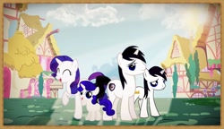 Size: 1982x1142 | Tagged: safe, artist:barrfind, imported from derpibooru, rarity, oc, oc:amicus, oc:barrfind, oc:silver, pony, unicorn, canon x oc, cutie mark, family, female, male, offspring, parent:oc:barrfind, parent:rarity, parents:canon x oc, ponyville, rarifind, shipping, smiling, straight, vector