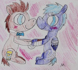 Size: 1362x1227 | Tagged: safe, artist:ptitemouette, imported from derpibooru, doctor whooves, star hunter, time turner, pony, bandage, gay, male, shipping, stallion, stardoc, traditional art