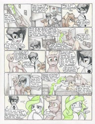 Size: 4976x6480 | Tagged: safe, artist:flicker-show, imported from derpibooru, oc, oc only, oc:flicker show, oc:hazel (flicker-show), oc:ivy (flicker-show), oc:jitter bug, oc:ramble, demon pony, earth pony, hybrid, pegasus, pony, comic:dark stranger, absurd resolution, bed, colt, comic, crying, dialogue, female, filly, male, mare, speech bubble, stallion, traditional art