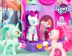 Size: 2000x1555 | Tagged: safe, imported from derpibooru, lyra heartstrings, pinkie pie, rarity, brushable, irl, my little pony logo, official, photo, toy