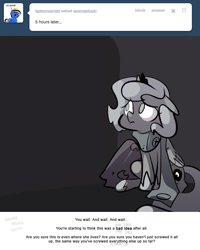 Size: 666x833 | Tagged: safe, artist:egophiliac, imported from derpibooru, princess luna, moonstuck, ask, cartographer's muffler, female, filly, floppy ears, grayscale, marauder's mantle, monochrome, pillow, pillow fort, sad, sitting, solo, tumblr, tumblr comic, woona, younger
