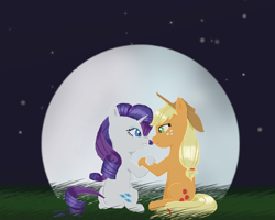 Size: 1000x800 | Tagged: safe, artist:eulicious, imported from derpibooru, applejack, rarity, female, grass, holding hooves, lesbian, looking at each other, moon, rarijack, shipping, stars