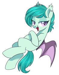 Size: 2185x2784 | Tagged: safe, artist:hawthornss, imported from derpibooru, oc, oc only, oc:deon, bat pony, pony, bedroom eyes, blank flank, cute, cute little fangs, ear fluff, ear piercing, earring, fangs, jewelry, looking at you, open mouth, piercing, simple background, solo, transparent background