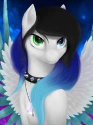 Size: 1000x1350 | Tagged: safe, artist:the1xeno1, imported from derpibooru, oc, oc only, pegasus, pony, collar, female, mare, multicolored hair, multicolored iris, solo, spiked collar