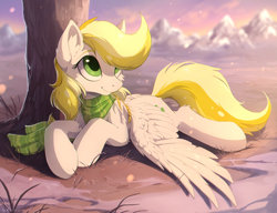 Size: 1280x981 | Tagged: dead source, safe, artist:hioshiru, imported from derpibooru, oc, oc only, oc:dandelion blossom, pegasus, pony, chromatic aberration, clothes, commission, ear fluff, evening, female, looking up, mare, mountain, prone, scarf, smiling, snow, snowfall, solo, spread wings, tree, ych result