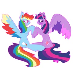 Size: 1008x1008 | Tagged: safe, artist:vanillaswirl6, imported from derpibooru, rainbow dash, twilight sparkle, alicorn, pony, blushing, colored pupils, colored wings, duo, ear fluff, female, holding hooves, lesbian, looking at each other, multicolored wings, shipping, simple background, twidash, twilight sparkle (alicorn), white background