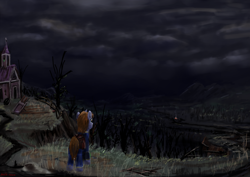 Size: 2480x1753 | Tagged: safe, artist:anttosik, imported from derpibooru, oc, oc only, oc:littlepip, pony, unicorn, fallout equestria, campfire, clothes, cloud, dark clouds, dead tree, fanfic, fanfic art, female, horn, jumpsuit, mare, pipbuck, scenery, solo, sweet apple acres, tree, vault suit, wasteland
