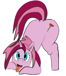 Size: 917x1058 | Tagged: safe, artist:uglytriestodraw, deleted from derpibooru, imported from derpibooru, oc, oc only, oc:rosebud, pony, unicorn, ear fluff, face down ass up, open mouth, simple background, smiling, solo, tongue out, white background