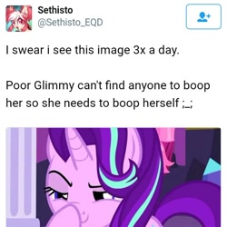 Size: 540x539 | Tagged: safe, imported from derpibooru, screencap, starlight glimmer, pony, unicorn, no second prances, boop, english, female, glimmerposting, lidded eyes, mare, meta, self-boop, sethisto, solo, text, x (platform)