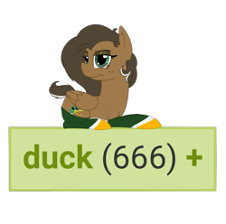 Size: 1080x1072 | Tagged: safe, artist:binkyt11, artist:the smiling pony, derpibooru exclusive, imported from derpibooru, oc, oc only, oc:duck badge, duck, pegasus, pony, derpibooru, 666, clothes, derpibooru ponified, derpimilestone, eyeshadow, female, freckles, illuminati confirmed, looking at you, makeup, mare, medibang paint, meme, meta, op, ponified, prone, simple background, socks, solo, tags, transparent background