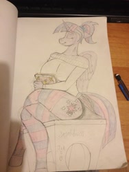 Size: 2448x3264 | Tagged: safe, artist:jojobibou, imported from derpibooru, twilight sparkle, alicorn, anthro, clothes, female, friendship journal, high res, photo, shoulderless, skirt, socks, solo, striped socks, sweater, thigh highs, traditional art, twilight sparkle (alicorn)