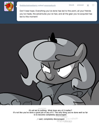 Size: 666x833 | Tagged: safe, artist:egophiliac, imported from derpibooru, princess luna, moonstuck, ask, cartographer's muffler, female, filly, grayscale, monochrome, pillow, pillow fort, solo, tumblr, woona, younger
