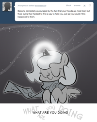 Size: 666x833 | Tagged: safe, artist:egophiliac, imported from derpibooru, princess luna, moonstuck, ask, cartographer's muffler, eyes closed, female, filly, grayscale, magic, monochrome, solo, tumblr, woona, younger
