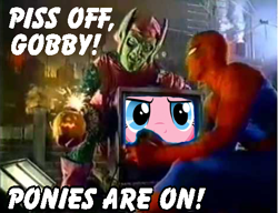 Size: 468x359 | Tagged: safe, edit, imported from derpibooru, pinkie pie, brony, green goblin, image macro, meme, spider-man, time for ponies, vulgar