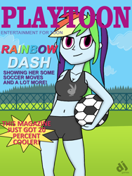 Size: 1200x1600 | Tagged: safe, artist:djgames, imported from derpibooru, rainbow dash, equestria girls, belly button, female, football, magazine, midriff, solo