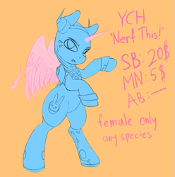 Size: 1277x1288 | Tagged: safe, artist:syntiset, edit, imported from derpibooru, alicorn, earth pony, pegasus, pony, unicorn, advertisement, bipedal, commission, crossover, d.va, looking at you, overwatch, sketch, solo, whisker markings, your character here