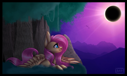 Size: 1000x600 | Tagged: safe, artist:blitsazalisdash, imported from derpibooru, fluttershy, pony, crepuscular rays, eclipse, female, forest, moon, prone, solar eclipse, solo, spread wings