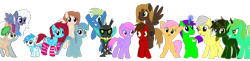 Size: 2800x679 | Tagged: safe, artist:aureai, artist:toyminator900, imported from derpibooru, oc, oc only, oc:andandampersand, oc:aureai gray, oc:autumn moon, oc:beauty cheat, oc:chip, oc:clever clop, oc:cyan lightning, oc:gadget apparatus, oc:mellow rhythm, oc:melody notes, oc:milo, oc:nahuelin, oc:osha, oc:screen gazer, oc:takengrin endmmar, oc:éling chang, alicorn, bat pony, bat pony alicorn, changeling, earth pony, merpony, pegasus, pony, unicorn, bat wings, bipedal, changeling loves watermelon, changeling oc, clothes, colt, eye scar, facial hair, fangs, floating, flying, food, glasses, glowing horn, goatee, grin, happy, heterochromia, looking at each other, looking at you, looking down, looking up, magic, male, medallion, moustache, open mouth, raised hoof, raised leg, scar, scarf, simple background, smiling, socks, spread wings, sunglasses, transparent background, watermelon, wings