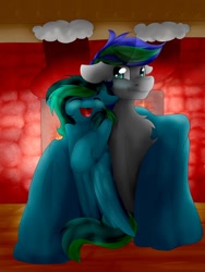 Size: 774x1032 | Tagged: safe, artist:lionbun, artist:littledreamycat, imported from derpibooru, oc, oc only, oc:liyana, oc:storm feather, pony, blanket, christmas, cuddling, fireplace, happy, indoors, smiling, snuggling