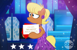 Size: 1000x652 | Tagged: safe, artist:pixelkitties, imported from derpibooru, ms. harshwhinny, earth pony, pony, abc, bee movie, bipedal, clothes, dress, ear piercing, earring, female, jewelry, oscars, piercing, solo