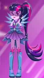 Size: 306x536 | Tagged: safe, artist:unicornsmile, imported from derpibooru, sci-twi, twilight sparkle, equestria girls, legend of everfree, boots, crystal wings, female, fishnets, glasses, high heel boots, open mouth, ponied up, ponytail, solo, starsue, visor, wings