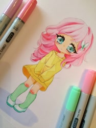 Size: 1024x1365 | Tagged: safe, artist:pinkiepastelcat, imported from derpibooru, fluttershy, butterfly, human, chibi, clothes, cute, drawing, female, high heels, humanized, looking at you, marker, marker drawing, paper, photo, shoes, shyabetes, smiling, socks, solo, traditional art, watermark