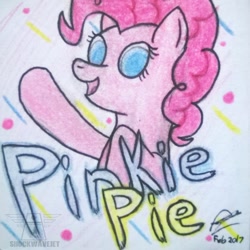 Size: 600x599 | Tagged: safe, artist:shockwavejet, imported from derpibooru, pinkie pie, earth pony, pony, female, looking at you, open mouth, simple background, smiling, solo, traditional art, waving