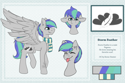 Size: 1024x683 | Tagged: safe, artist:lionbun, artist:littledreamycat, imported from derpibooru, oc, oc only, oc:storm feather, pony, :p, bust, clothes, cutie mark, male, reference sheet, scarf, solo, tongue out