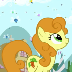 Size: 250x250 | Tagged: safe, imported from derpibooru, screencap, carrot top, golden harvest, earth pony, parasprite, pony, swarm of the century, cropped, female, mare, smiling, solo