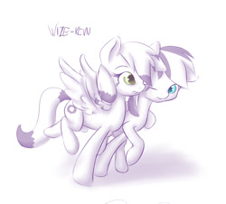 Size: 904x816 | Tagged: safe, artist:alasou, imported from derpibooru, oc, oc only, oc:infinity flame, oc:storm feather, pegasus, pony, monochrome, one eye closed, partial color, simple background, white background