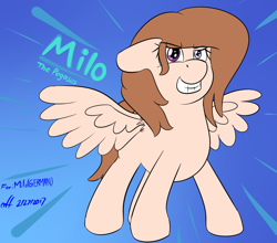 Size: 1024x900 | Tagged: safe, artist:xwoofyhoundx, imported from derpibooru, oc, oc only, oc:milo, pegasus, pony, art trade, derpibooru community art trade, female, floppy ears, gradient background, grin, heterochromia, mare, signature, smiling, solo, spread wings, wings