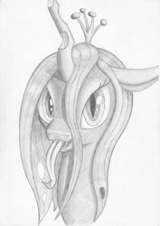 Size: 960x1355 | Tagged: safe, artist:stink111, imported from derpibooru, queen chrysalis, changeling, changeling queen, bust, crown, female, jewelry, monochrome, portrait, regalia, solo, tongue out, traditional art