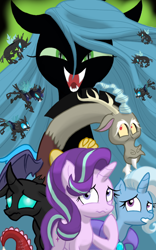 Size: 1200x1920 | Tagged: safe, artist:theroyalprincesses, imported from derpibooru, discord, queen chrysalis, starlight glimmer, thorax, trixie, changeling, pony, unicorn, to where and back again, faic, fangs, floppy ears, looking up, open mouth, raised hoof, reformed four, slit eyes, slit pupils, smiling, wavy mouth