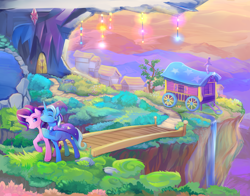 Size: 2100x1650 | Tagged: safe, artist:viwrastupr, imported from derpibooru, starlight glimmer, trixie, pony, beautiful, bridge, cape, castle, clothes, color porn, colored pupils, duo, duo female, eyes closed, female, friends, hat, lidded eyes, ponyville, raised hoof, scenery, scenery porn, smiling, trixie's cape, trixie's hat, trixie's wagon