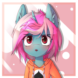 Size: 650x650 | Tagged: safe, artist:hoodie, imported from derpibooru, oc, oc only, oc:card sadic, pony, semi-anthro, abstract background, bust, clothes, collar, ear fluff, hoodie, looking at you, open mouth, solo