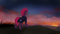 Size: 1024x595 | Tagged: safe, artist:rutkotka, imported from derpibooru, fizzlepop berrytwist, tempest shadow, pony, unicorn, my little pony: the movie, armor, broken horn, eye scar, female, grass field, hill, mare, rear view, scar, solo, sunset