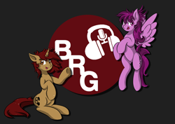 Size: 1280x905 | Tagged: safe, artist:charrez, imported from derpibooru, oc, oc only, oc:lucy light, oc:mary rose, pegasus, pony, unicorn, brony radio germany, cutie mark, female, flag, logo, wings