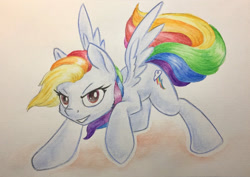 Size: 1024x725 | Tagged: safe, artist:grokostimpy, imported from derpibooru, rainbow dash, action pose, cropped, female, looking at you, open mouth, raised hoof, solo, spread wings, traditional art, watercolor painting, windswept mane