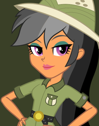 Size: 434x554 | Tagged: safe, imported from derpibooru, chestnut magnifico, daring do, equestria girls, clothes, female, hand on hip, lipstick, official, simple background, smiling, solo