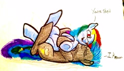 Size: 3654x2108 | Tagged: safe, artist:heyerika, imported from derpibooru, rainbow dash, thunderlane, pegasus, pony, cuddling, dialogue, female, legs in air, male, mare, on back, shipping, stallion, straight, thunderdash, traditional art