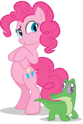 Size: 1030x1546 | Tagged: safe, imported from derpibooru, gummy, pinkie pie, pony, too many pinkie pies, bipedal, crossed hooves, hooves to the chest, looking back, official, simple background, standing on two hooves, transparent background, vector