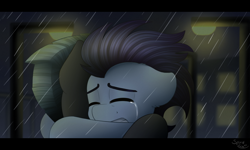 Size: 1500x900 | Tagged: safe, artist:spirit-dude, imported from derpibooru, soarin', thunderlane, pony, crying, eyes closed, gay, hug, lamppost, male, rain, shipping, soarilane