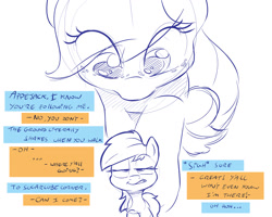 Size: 1280x1024 | Tagged: safe, artist:dilarus, deleted from derpibooru, imported from derpibooru, applejack, rainbow dash, pony, big-apple-pony, commission, cute, dialogue, giant pony, macro, never doubt ncmares's involvement, size difference, sketch, smoldash