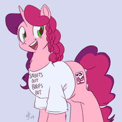 Size: 1000x1000 | Tagged: safe, artist:goat train, imported from derpibooru, oc, oc only, oc:marker pony, pony, unicorn, 4chan, clothes, open mouth, shirt, simple background, smiling, solo, t-shirt